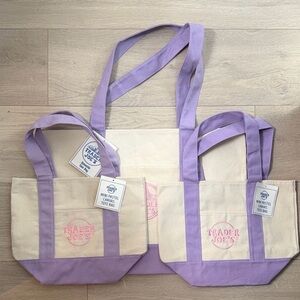 NWT Trader Joe's Cream and Lavender Canvas Tote Bag Set of 3 - 1 Large & 2 Mini